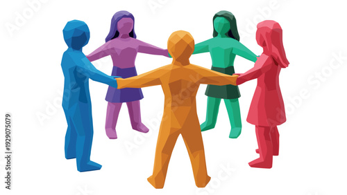 five colorful low poly style human figures holding hands in a circle geometric abstract teamwork illustration
