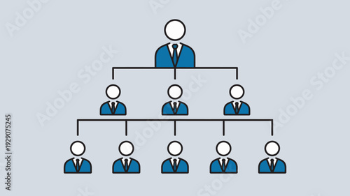 A hierarchical organizational chart with a leader and multiple team members in a corporate structure