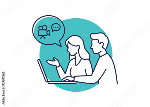 Couple working on laptop with video camera and chat icons teal circle