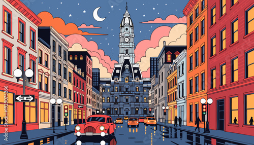 Very beautiful nighttime portrait of Philadelphia City Hall illuminated against the dark sky, glowing architectural details creating a dramatic and elegant focal point within the vibrant downtown atmo