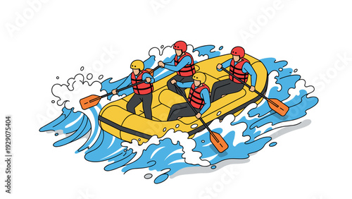 people rafting on whitewater river in hand drawn style with safety gear