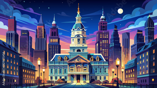 Very beautiful nighttime portrait of Philadelphia City Hall illuminated against the dark sky, glowing architectural details creating a dramatic and elegant focal point within the vibrant downtown atmo