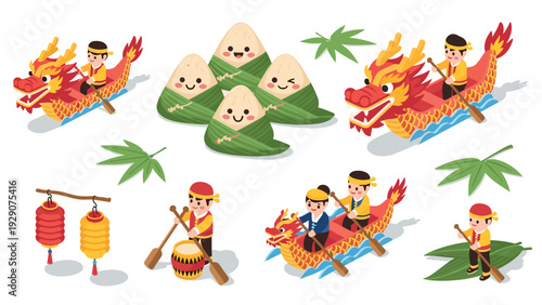 dragon boat festival set with hand drawn cartoon boats rice dumplings lanterns and paddlers illustration