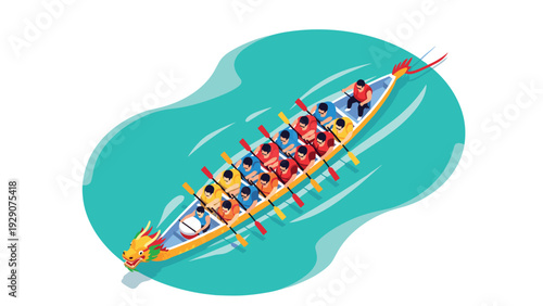 team rowing dragon boat in colorful uniforms boat race illustration