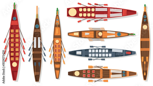 set of traditional dragon boats top view hand drawn flat vector icons collection for water sports and racing design