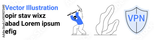 Cybersecurity, data privacy, online protection, technology, VPN services, secure browsing. Shield with VPN text, person swinging a tool abstract plant shapes. Cybersecurity and data privacy concept