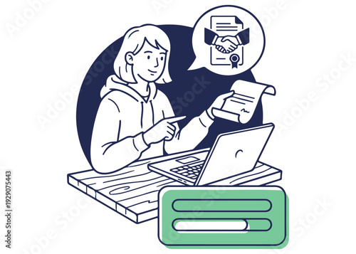 Woman with laptop reviewing contract handshake deal agreement