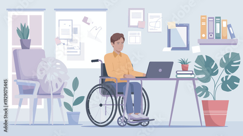 A man in a wheelchair works on his laptop in a modern office with plants and books