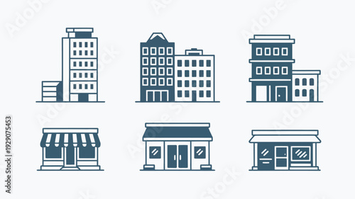 A collection of modern city buildings and shops in a simple line style illustration