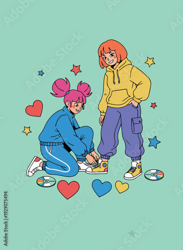 Two friends in retro outfits