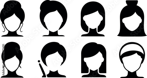 Icon set of women beauty spa and human profile icons including hair design vector art illustration silhouette style on a white background