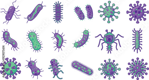 Cartoon microorganisms illustration featuring bacteria, viruses, bacteriophage, flagella, cilia, spikes, purple and green microbiology educational vector collection