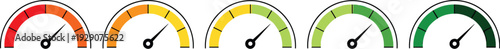 Color‑coded semicircular gauge meters with progressive needle positions, performance rating scale from red to green, evaluation visualization vector design