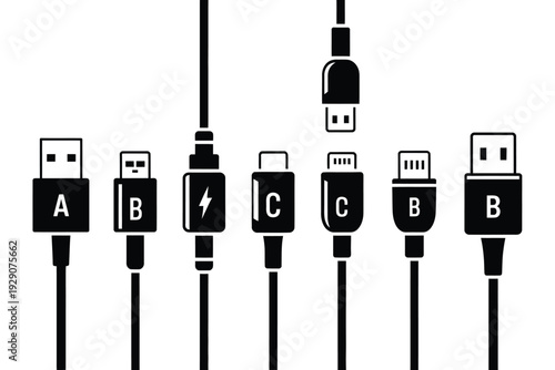 USB cable icons set, vector illustration featuring USB Type C A B Lightning and Micro USB charger icons for technology interface and device connection design.