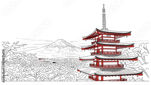 hand drawn traditional japanese pagoda with mount fuji landscape background line art illustration