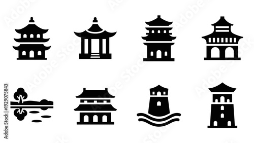 set of asian architecture building icons in black silhouette style with pagoda and tower illustrations