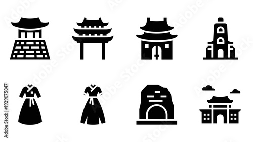 set of black silhouette icons Japanese traditional buildings and clothing hand drawn style for culture and heritage design