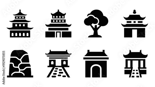 set of hand drawn black silhouette asian temple pagoda tree rock icons
