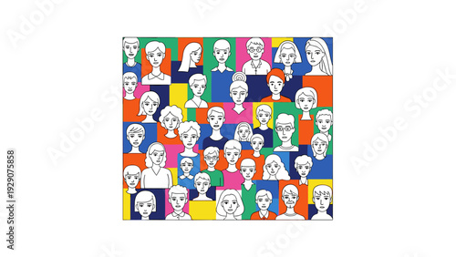 various hand drawn faces of men and women set on colorful geometric background modern style
