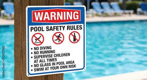 Wallpaper Mural Clear white blue red pool safety rules sign is prominently displayed on a wooden post next to a sparkling blue swimming pool with blurred lounge chairs in the background Torontodigital.ca