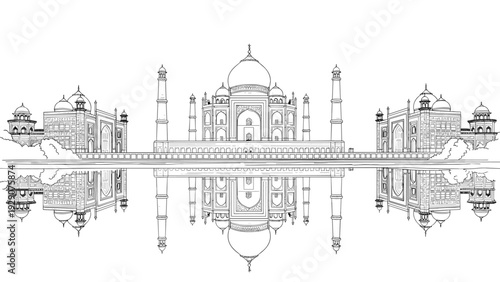 taj mahal monument with reflection hand drawn line art detailed architectural illustration