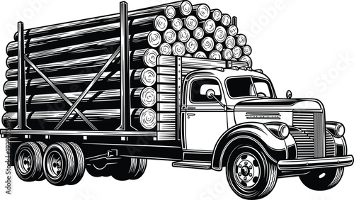 Vintage logging truck loaded with timber logs, detailed black and white engraving style vector illustration of classic forestry transport vehicle