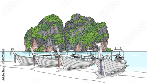 long tail boats docked at a tropical island beach hand drawn travel and nature illustration