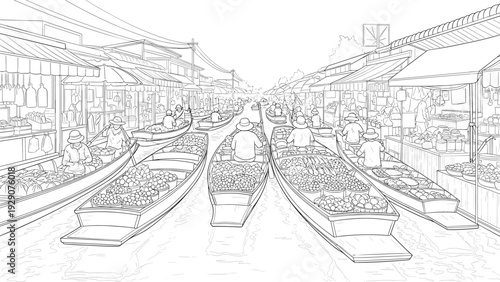 floating market scene with hand drawn boats vendors and stalls line art illustration