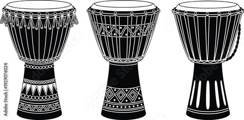 Traditional djembe drums with decorative patterns, black and white vector illustration set, ethnic percussion instruments isolated on white background