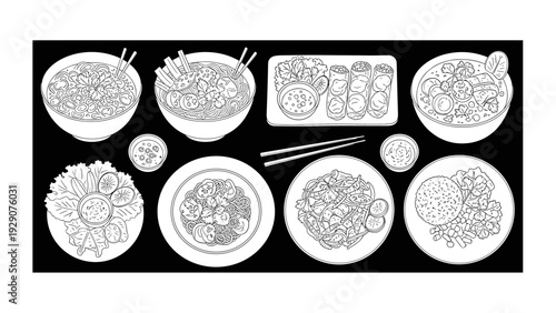 hand drawn set of asian food dishes with noodles spring rolls and rice in black and white line art style