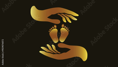 Baby feet vector. Golden hands icon. Parenting symbol. Protection art. New life graphic. Care silhouette. Family love icon. Infant footprints. Safety symbol gold. Maternity concept.