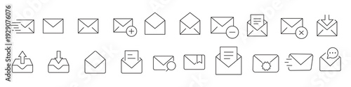 Minimalist line email icon set with editable stroke featuring inbox, message, envelope, notification, mailing, and interface symbols.