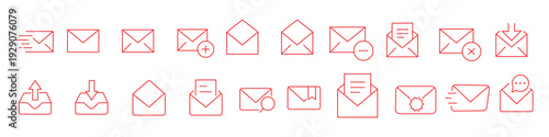 Minimalist line email icon set with editable stroke featuring inbox, message, envelope, notification, mailing, and interface symbols.