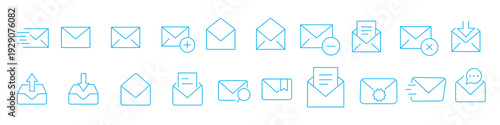Minimalist line email icon set with editable stroke featuring inbox, message, envelope, notification, mailing, and interface symbols.