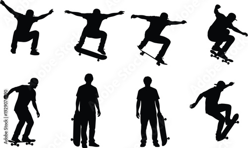 Collection of eight skateboarder silhouettes in dynamic poses, performing tricks and stances, vector illustration for skateboarding culture, sports design, urban lifestyle, 