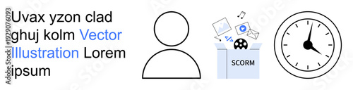 E-learning, online courses, time management, digital education, SCORM packaging, user identification. Basic person icon, SCORM folder with media and a clock. E-learning and online courses visual