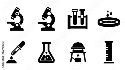 black laboratory equipment icons set with microscope test tubes petri dish dropper flask burner and measuring cylinder