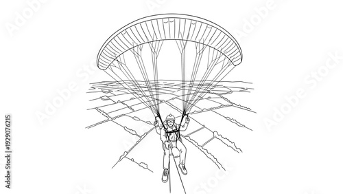 paraglider flying above fields with open parachute hand drawn line art illustration