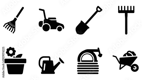 set of garden tools and equipment icons in black silhouette style