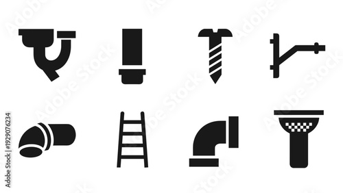 plumbing tools and pipe icons set in black silhouette style vector illustration