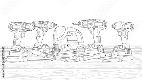 set of hand drawn power drills and hand tools in black and white line art style on wooden surface
