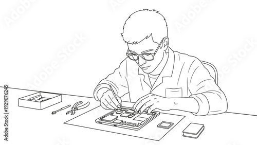 man repairing electronic device with tools hand drawn line art illustration technology repair concept