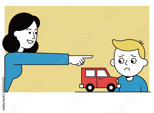 Mother scolding son over toy car