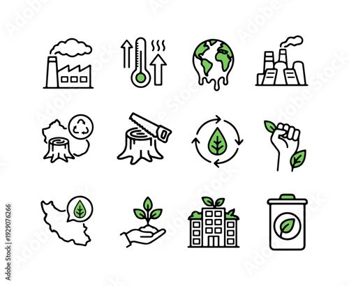 Premium Climate Change, Global Warming, and Environmental Sustainability Vector Icon Set for Green Business, ESG Reporting, and Zero Waste Climate Action