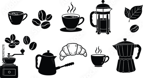 Coffee and breakfast silhouette icon set featuring espresso cups roasted beans french press moka pot croissant hand grinder and cafe elements