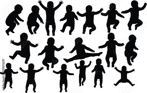 Baby silhouette icon set featuring newborn infants crawling walking sitting playing jumping and happy toddlers in various active poses for parenting