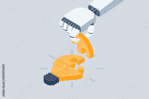 Isometric robotic hand completing a light bulb puzzle. Flat vector illustration of artificial intelligence creating ideas, problem solving, innovation, and machine learning technology.