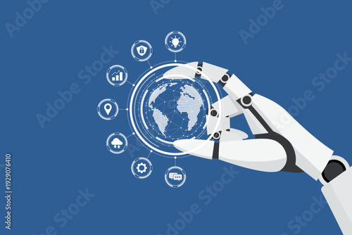 Robotic hand holding a digital globe with multimedia and technology icons. Flat vector illustration of artificial intelligence managing global data, communication, and futuristic network.