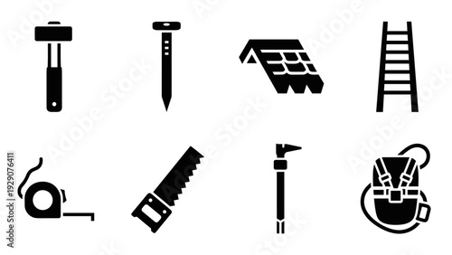 set of roofing and construction tools icons in simple black silhouette style for building and repair
