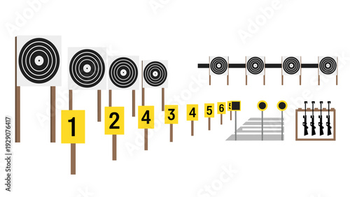 set of hand drawn shooting targets and rifles with numbered and circular markers in flat style for shooting range